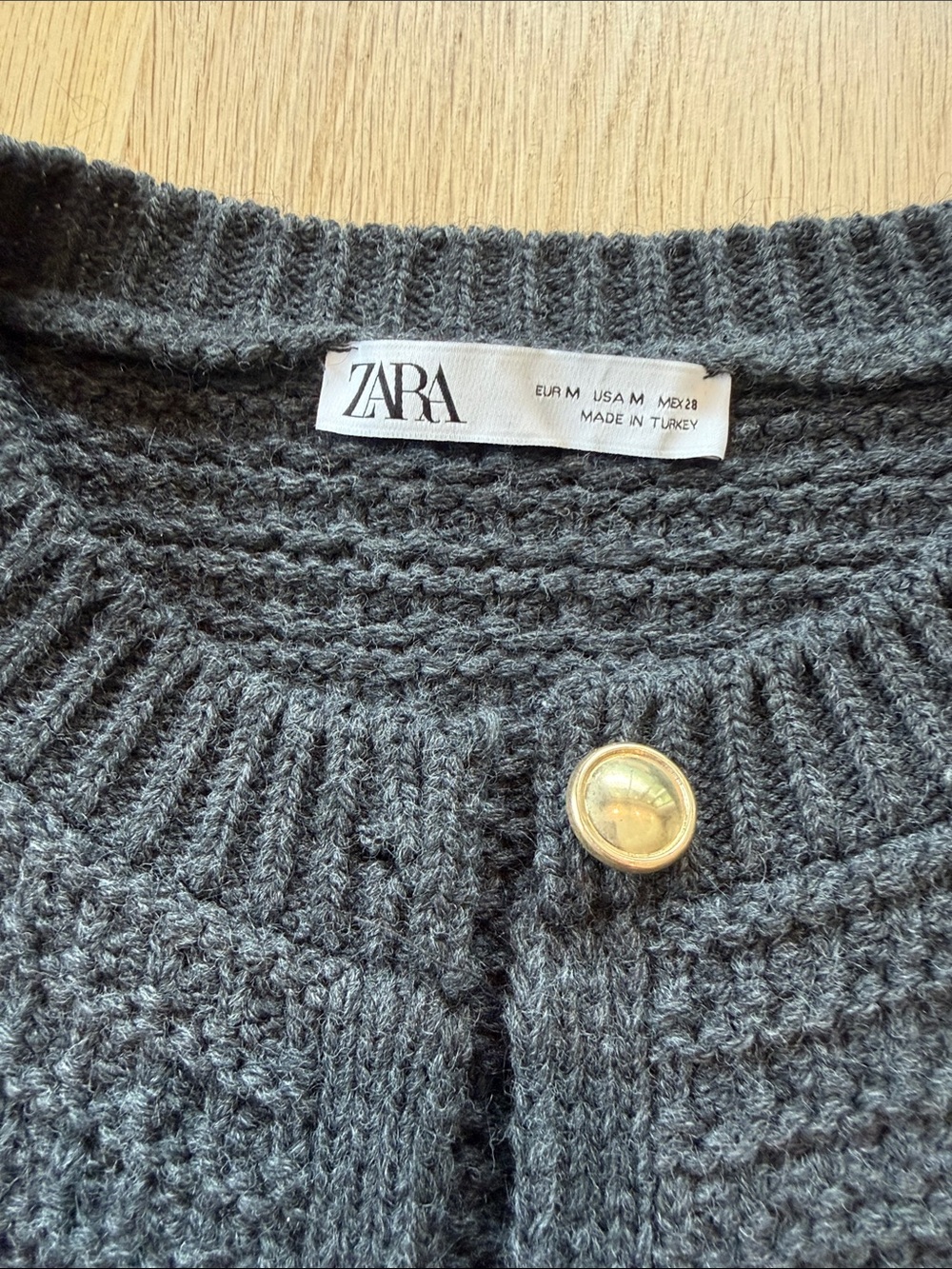Zara Charcoal Textured Zip Cardigan with Gold Button - Picture 2 of 3